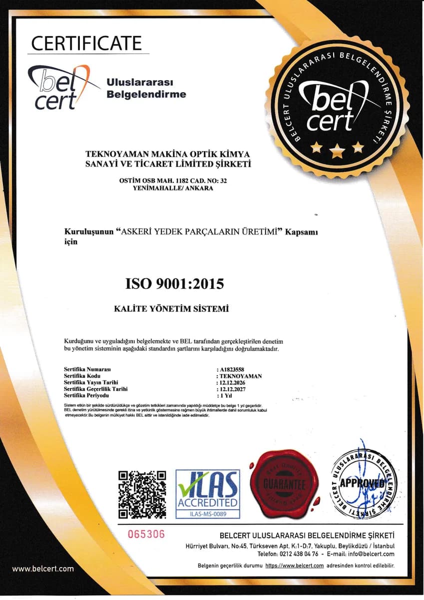 ISO 9001:2015 Kalite Yönetim Sistemi sertifikası